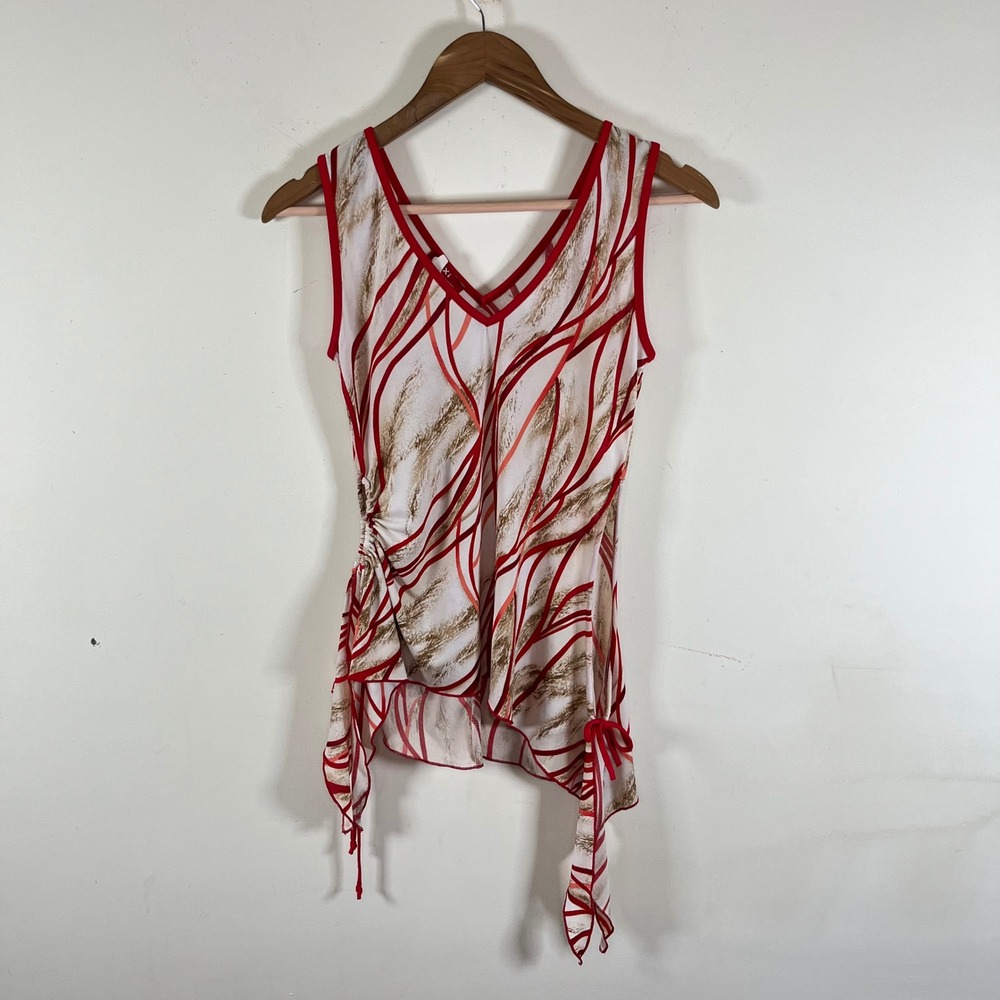 Vintage Y2K Xi Striped V-Neck Semi Sheer Tank Top Red Brown Cut Out Sides Medium